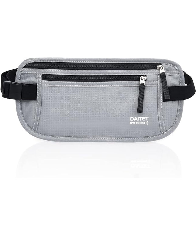RFID Blocking Money Belt for Men Women, Slim Fanny Pack for Travel，Running,Conceal Waist Wallet for Passport Holder,Phone,Cash(Light Grey)