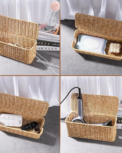 Cable Management Box, Handmade Rattan Cable Organizer with 2 Open Slots, Cord Hider for Power Strip, Router & USB Hub, Registered U.S. Design Patent (D1,112,102), 13" x 5.1" x 5.1", Natural