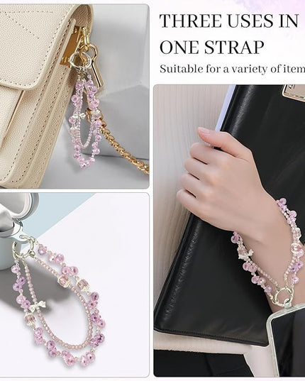 Phone Charm for Women, Anti-Theft Phone Wrist Strap Hands-Free, Crystal Beaded Chain, Detachable Cellphone Lanyard with Tether Tab