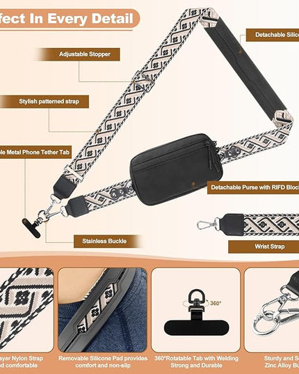 Clip and Go Strap for Phone with Wallet Crossbody, Adjustable Phone Lanyard with Detachable RFID Wristlet Wallet, Pattern Strap - Black (L)