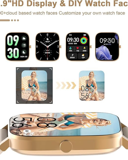 Smart Watch for Men Women Compatible with iPhone Samsung Android Phone 1.69 inch Full Touch Screen IP68 Waterproof Bluetooh Fitness Tracker Heart Rate/Sleep Monitor (Gold)