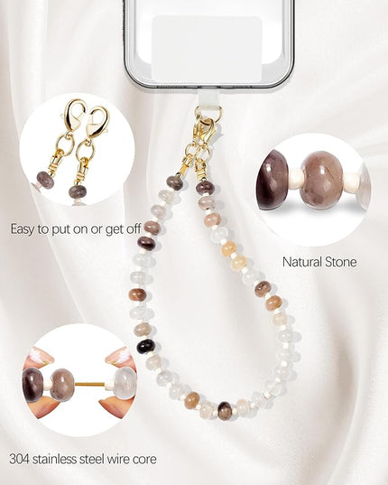 Natural Stone Beaded Phone Wrist Strap for Women – Detachable Chain Wristlet, Durable 304 Stainless Steel Core (Charoite)
