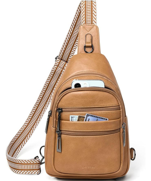 Sling Bag for Women Cross Body Purse Fanny Pack Sling Backpack Vegan Leather Shoulder Crossbody Bag Travel Tan