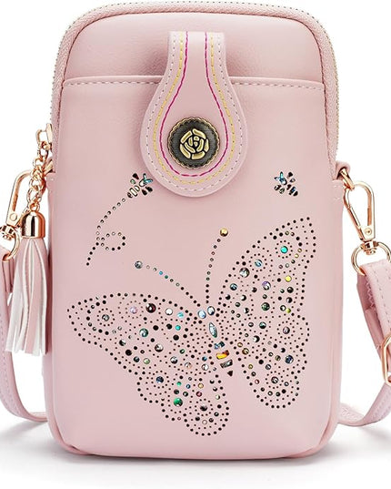 Small Crossbody Bags for Women, Lightweight Mini Cute Cell Phone Purse for Women with Tassel Shining Butterfly