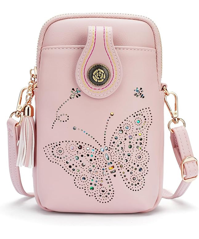 Small Crossbody Bags for Women, Lightweight Mini Cute Cell Phone Purse for Women with Tassel Shining Butterfly