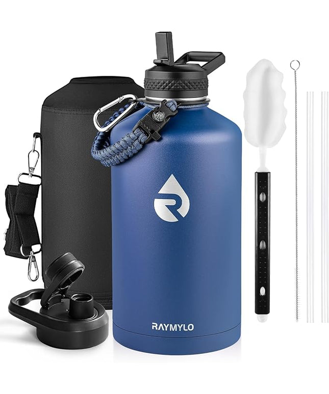 One Gallon Water Bottle Insulated, Triple Walled Vacuum Stainless Steel (Cold for 48 Hrs), Leak Proof & Non-BPA, Large Water Flask Jug with Paracord Handle & Straw Spout Lids