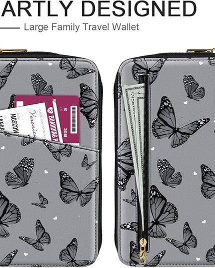 Family Passport Holder Wallet RFID Blocking Document Organizer PU Leather Mulit-purpose Travel Wallet Credit Cards Case for Women Men, Butterflies