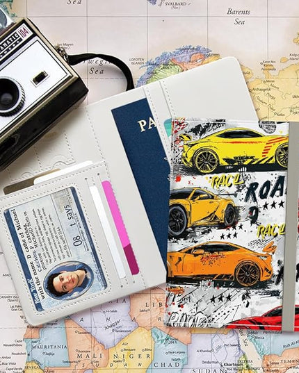 PU Leather Passport Holder Cover 5.9×4.3 Inch with Credit Card Slot and Boarding Pass Slot Combo Blocking Passport Holder Wallet Cover Case for Travel Boarding Essentials (Racing Car)