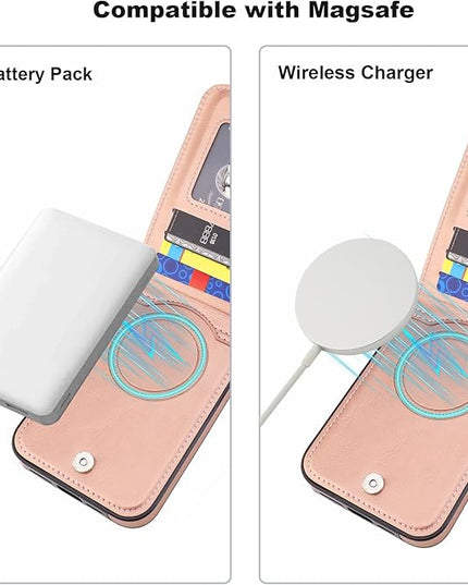 KIHUWEY for iPhone 13 Pro Max Case Wallet Compatible with MagSafe Wireless Charging, Credit Card Holder, RFID Flip Leather Magnetic Clasp Kickstand Heavy Duty Protective Cover 6.7 Inch (Rose Gold)