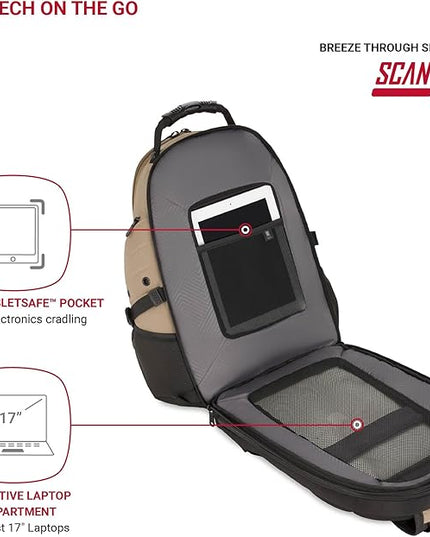 SwissGear 1900 ScanSmart 17” Laptop Backpack Brown– Reflective Tech Backpack with ScanSmart Compartment – Multiple Organizer Pockets & RFID Scan Blocking Technology