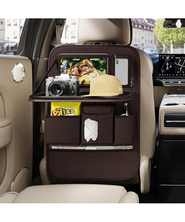 GMQ Back Seat Car Organizer 1 Pack,Backseat Organizer with Tray,Multifunctional Car Seat Back Storage Box with Foldable Tablet Holder (Coffee, Plain weave)