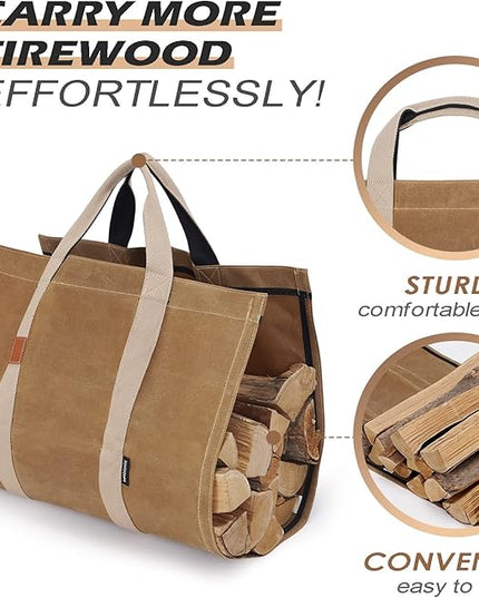 INNO STAGE Firewood Log Carrier Tote Bag with Super Strong Double Straps for Reinforce, 16oz Waxed Canvas Heavy Duty & Long Lasting for Wood Hay Hauling for Fireplace or Outdoor Camping-Khaki Color
