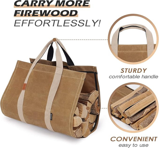 INNO STAGE Firewood Log Carrier Tote Bag with Super Strong Double Straps for Reinforce, 16oz Waxed Canvas Heavy Duty & Long Lasting for Wood Hay Hauling for Fireplace or Outdoor Camping-Khaki Color