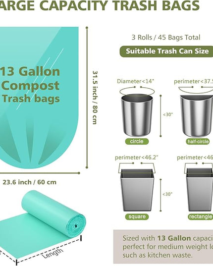 AYOTEE Compostable Trash Bags 13 Gallon Tall Kitchen, 45 Count Biodegradable Trash Bags 13 Gallon Garbage Bag, Large Compost Bag for Kitchen Bathroom Home Office