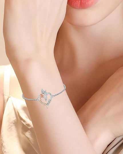 TOUPOP Gifts for Women Rose Heart Initial Bracelet 925 Sterling Silver Butterfly Letter Link Bracelet Love Jewelry Valentines Day Birthday Gifts for Her Wife Girlfriend Mom