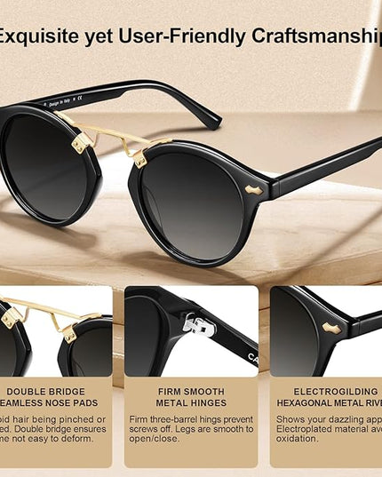 CARFIA Small Face Acetate Polarized Sunglasses for Women UV Protection, Retro Double Bridge Eyewears Metal Brow Round Sunnies