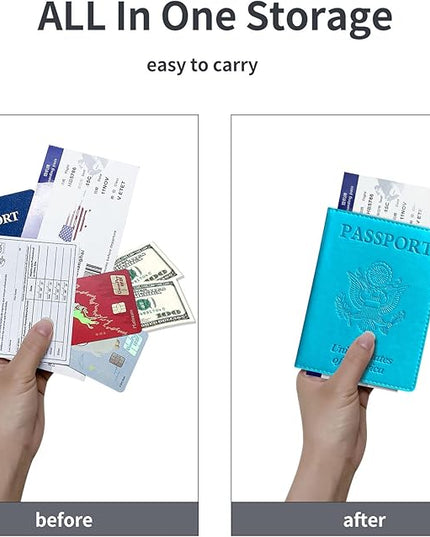 Passport Holder Cover Wallet Case RFID Blocking Leather Card Slot Travel Accessories Documents Organizer Protector for Women Men, Sky Blue