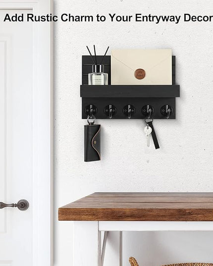 Lwenki Key Holder for Wall, Decorative Key and Mail Holder with Shelf Has Large Hooks for Bags, Coats, Umbrella – Paulownia Wood Key Hanger with Mounting Hardware (9.8”W x 6.7”H x 4.2”D)