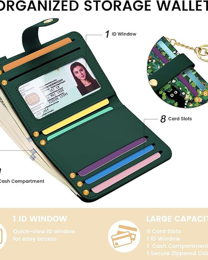 Sodsay Small Slim Wallet Women RFID Blocking, PU Leather Bifold Ladies Wallet with Zipper Coin Pocket, Thin Cute Travel Card Wallets for Girls, Black Cat Blooms