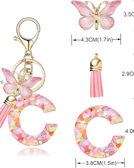 Fashion Alphabet Initial Letter Keychain Tassel Butterfly Pendant Key Ring for Purse Handbags Women Girl