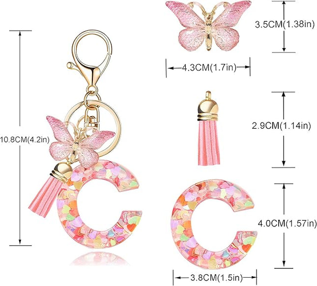 Fashion Alphabet Initial Letter Keychain Tassel Butterfly Pendant Key Ring for Purse Handbags Women Girl