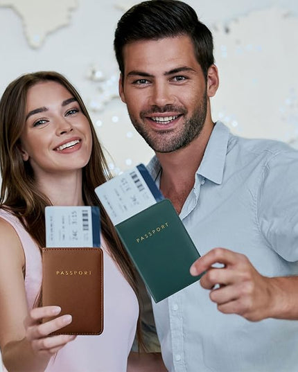 Weewooday 2 Set Mr and Mrs Passport Covers Holder and Luggage Tags Cute Leather Wallets Holder Travel Luggage Tags for Women Men Gift(Blackish Green, Brown)