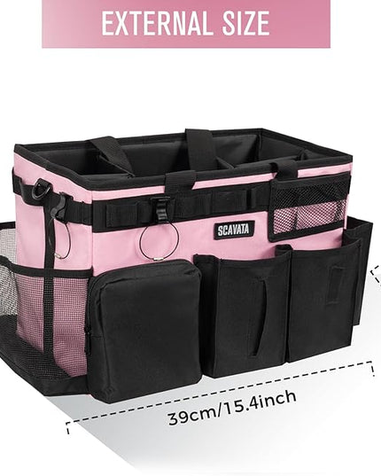 Wearable Cleaning Caddy Bag, Cleaning Caddy Supplies Organizer with Handle & Shoulder Straps for Housekeepers, Under Sink & Car Cleaning Tool Organizers with 4 Foldable Divider (SweetPink)