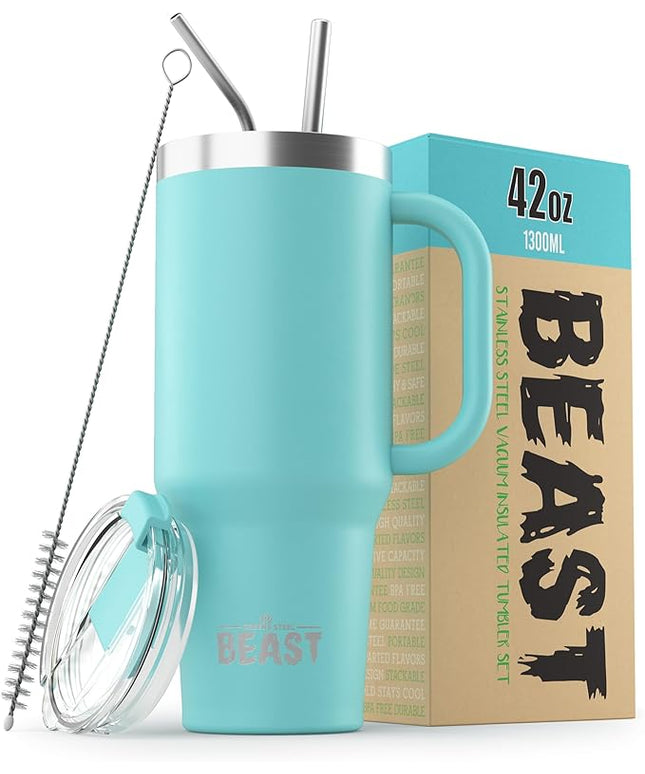 Beast 42 oz Tumbler with Handle Stainless Steel Vacuum Insulated Coffee Ice Cup Double Wall Travel Flask (Aqua Blue)