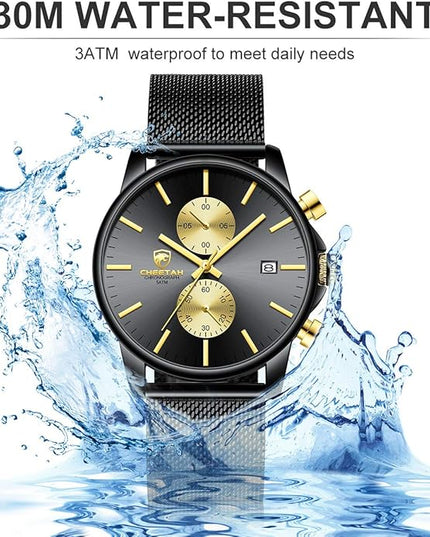 GOLDEN HOUR Mens Watch Fashion Sleek Minimalist Quartz Analog Mesh Stainless Steel Waterproof Chronograph Watches for Men with Auto Date