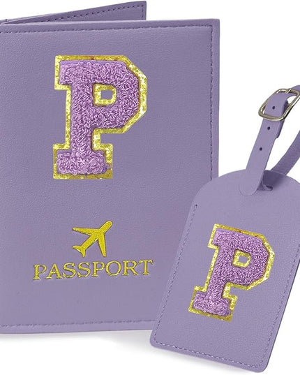 COSHAYSOO Initial Passport Cover Luggage Tag Set Purple Passport Holder, Airplane Cruise Travel Essentials Vacation Traveling Accessories Personalized Gifts for Women Teen College Girls Letter P