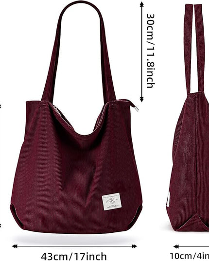 KALIDI Women Corduroy Tote Bag Zipper Casual Tote's Handbag Big Capacity Shoulder Bag with Pockets
