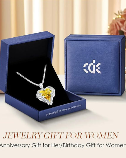CDE Christmas Gifts for Women Angel Wings Necklace for Women with Birthstone, Love Heart Silver Tone/Gold Tone Pendant, Ideal Anniversary or Birthday Jewelry Gifts for Wife Girlfriend Her