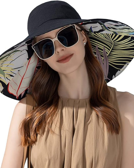 HUAMULAN Women Summer Sun Hat Wide Brim Wired Edge Floral Beach Bucket Hats Reversible Foldable Travel UV Protection Lady Hat
