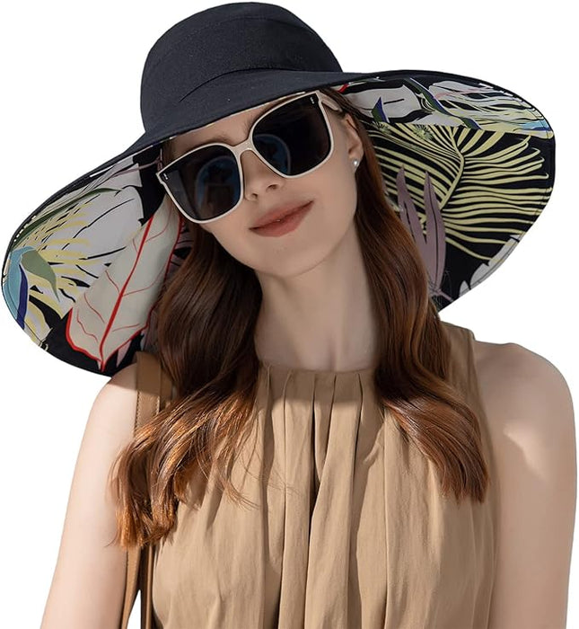 HUAMULAN Women Summer Sun Hat Wide Brim Wired Edge Floral Beach Bucket Hats Reversible Foldable Travel UV Protection Lady Hat