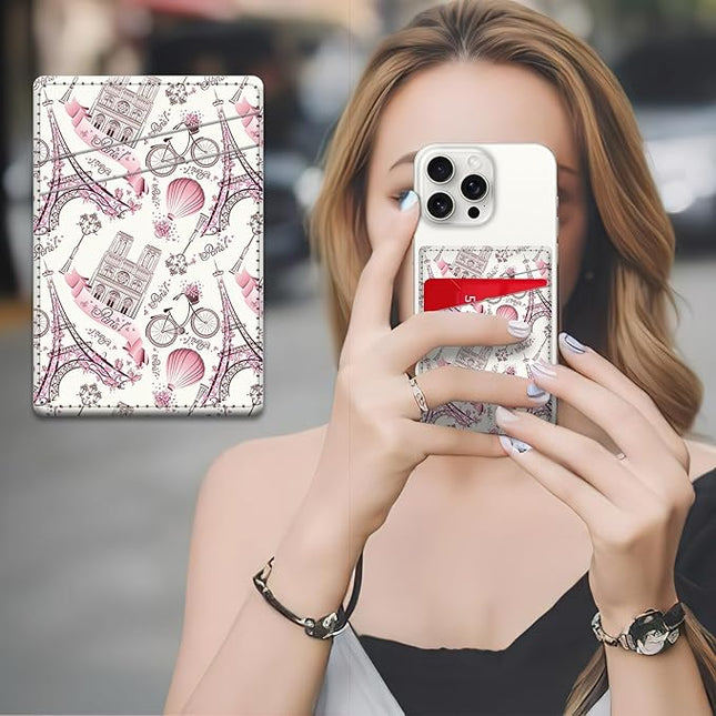 Phone Card Holder, Dual Pocket Leather Wallet Adhesive Stick On, Cute Credit Card Holder for Smartphones Case Compatible with Most Phone（Tower）