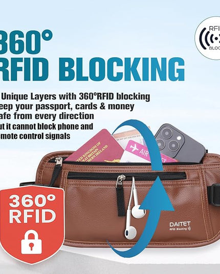 PU Leather Money Belt - Passport Holder Secure Hidden Travel Wallet with RFID Blocking, Undercover Fanny Pack(Brown)