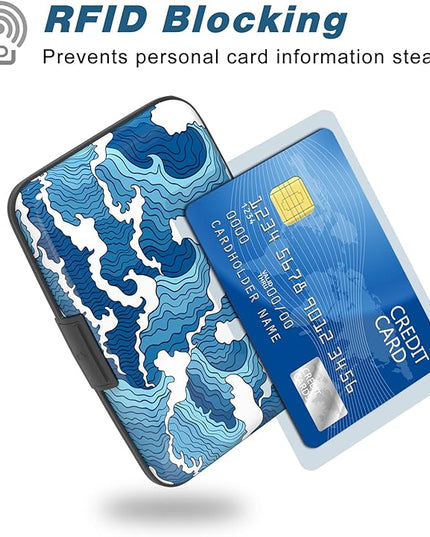 Atufsuat Credit Card Holder, Mini Aluminum Card Wallet RFID Blocking Slim Metal Hard Card Case for Women Men, Blue Sea Wave