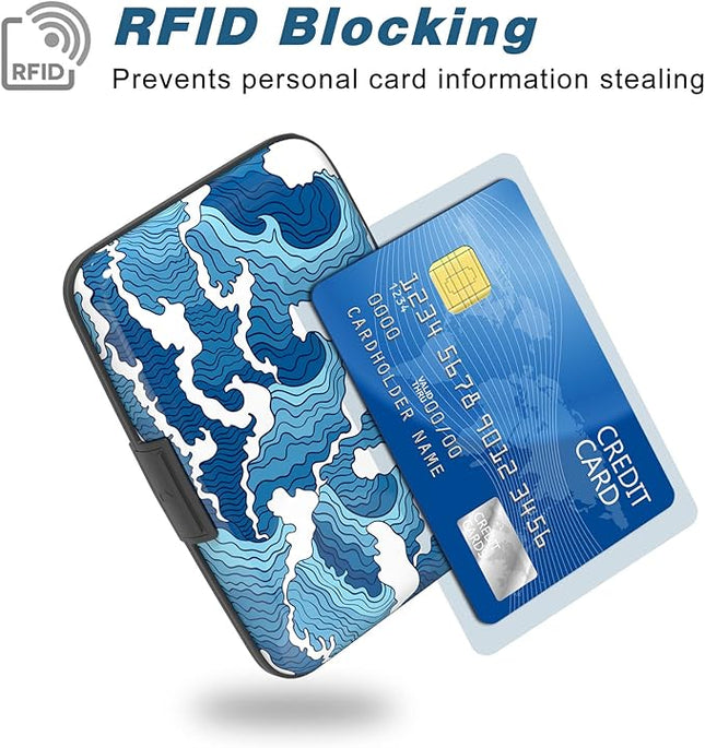 Atufsuat Credit Card Holder, Mini Aluminum Card Wallet RFID Blocking Slim Metal Hard Card Case for Women Men, Blue Sea Wave