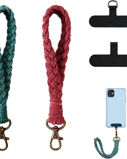 2 PCS Phone Wrist Strap, Cell Phone Lanyard, with 2× Phone Tether Tab, Handmade Macrame Keychain, Phone Case Wrist Lanyard for Women Girls(Dark Green+Red)