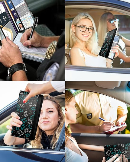 Car Registration and Insurance Holder with Magnetic Closure, Universal Document Organizer for License, Insurance Cards & Glove Box Storage (Leopard-Green and Silver)