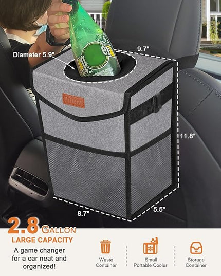 Car Trash Can with Lid, Cute Leakproof Car Trash Garbage Bag Hanging Vehicle Trash Bin Small Portable Automotive Garbage Cans Organizer for Back/Front Seat/Console(2.8 Gallons,Grey)