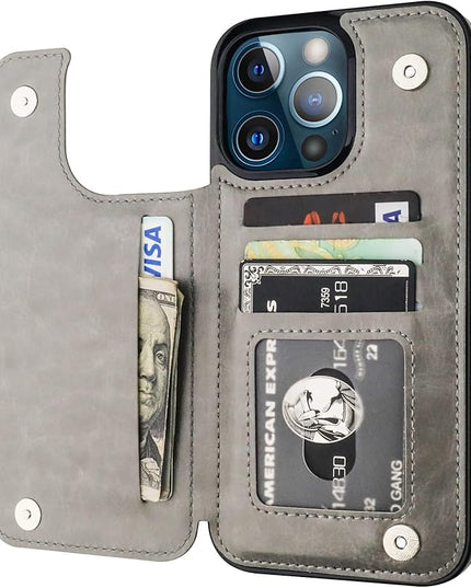 ONETOP Compatible with iPhone 13 Pro Max Wallet Case with Card Holder,PU Leather Kickstand Card Slots Case, Double Magnetic Clasp and Durable Shockproof Cover 6.7 Inch(Gray)