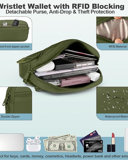 Clip and Go Strap for Phone with Wallet Crossbody, Adjustable Phone Lanyard with Detachable RFID Wristlet Wallet, Pattern Strap - Olive Green(L)