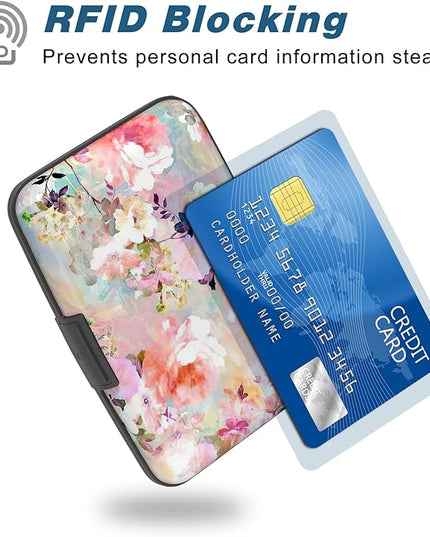 Atufsuat Credit Card Holder, Mini Aluminum Card Wallet RFID Blocking Slim Metal Hard Card Case for Women Men, Pink Flowers
