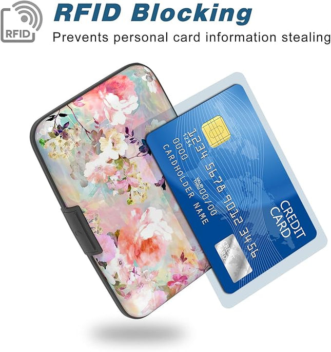 Atufsuat Credit Card Holder, Mini Aluminum Card Wallet RFID Blocking Slim Metal Hard Card Case for Women Men, Pink Flowers