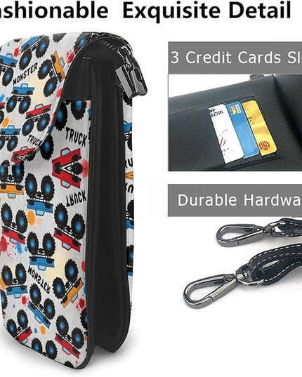 Women Ladies Girls Roomy Pockets Cell Phone Shoulder Bag Crossbody Bag Credit Card Stash Money Carrier, Water Resistant, Yoga Riding bag, Grunge Monster Truck Car Art