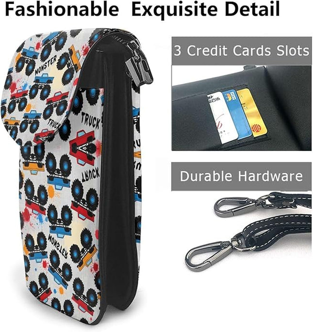 Women Ladies Girls Roomy Pockets Cell Phone Shoulder Bag Crossbody Bag Credit Card Stash Money Carrier, Water Resistant, Yoga Riding bag, Grunge Monster Truck Car Art