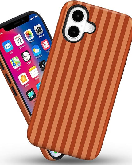 Magnetic for iPhone 16 Case Cute Stripes Phone Case, Shockproof Slim TPU and Hard PC Protective Phone Cover Compatible with MagSafe Designed for Women Girls, Deep Brown