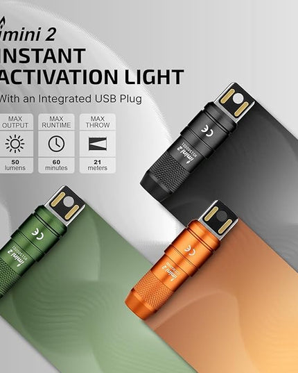 OLIGHT 2 Pack IMINI 2 EDC Rechargeable Keychain Flashlight, 50 Lumens Compact and Portable Mini LED Keyring Lights with Built-in Battery Ideal for Everyday Carry and Emergencies