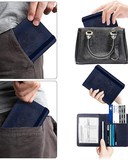 WALNEW Passport Holder for Travel, RFID Passport Cover Wallet for Women Men, PU Leather Passport Book Card Holder Case with Pen (Upgraded, Upgraded-Navy Blue)